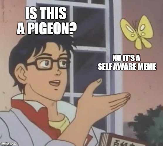 Is This A Pigeon Meme | IS THIS A PIGEON? NO IT'S A SELF AWARE MEME | image tagged in memes,is this a pigeon | made w/ Imgflip meme maker