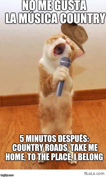 Cat Singer | NO ME GUSTA LA MÚSICA COUNTRY; 5 MINUTOS DESPUÉS: COUNTRY ROADS, TAKE ME HOME, TO THE PLACE, I BELONG | image tagged in cat singer | made w/ Imgflip meme maker