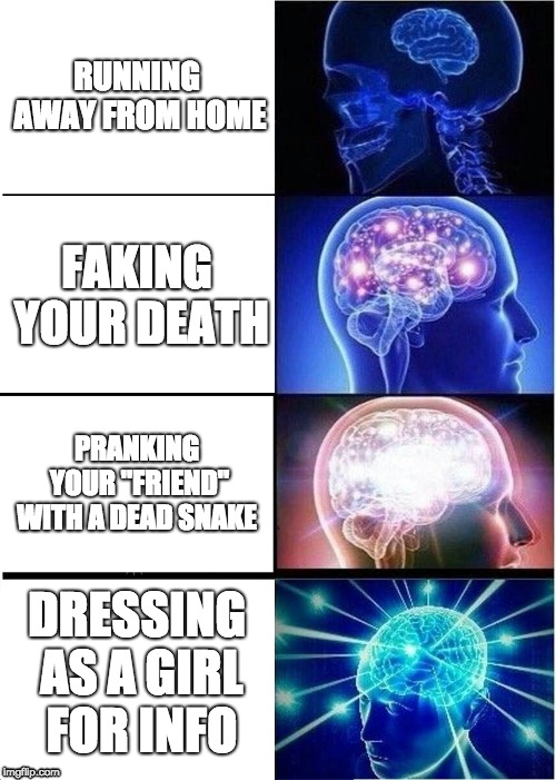 Expanding Brain Meme | RUNNING AWAY FROM HOME; FAKING YOUR DEATH; PRANKING YOUR "FRIEND" WITH A DEAD SNAKE; DRESSING AS A GIRL FOR INFO | image tagged in memes,expanding brain | made w/ Imgflip meme maker