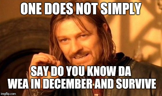 One Does Not Simply Meme | ONE DOES NOT SIMPLY; SAY DO YOU KNOW DA WEA IN DECEMBER AND SURVIVE | image tagged in memes,one does not simply | made w/ Imgflip meme maker
