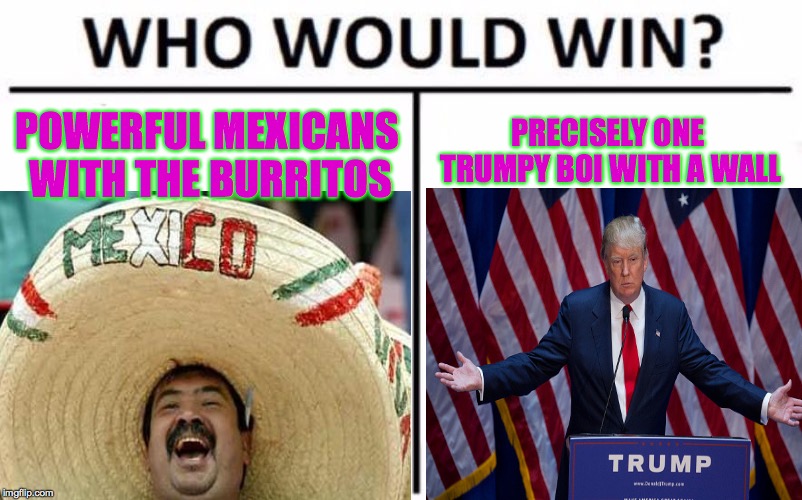 POWERFUL MEXICANS WITH THE BURRITOS; PRECISELY ONE TRUMPY BOI WITH A WALL | image tagged in who would win | made w/ Imgflip meme maker