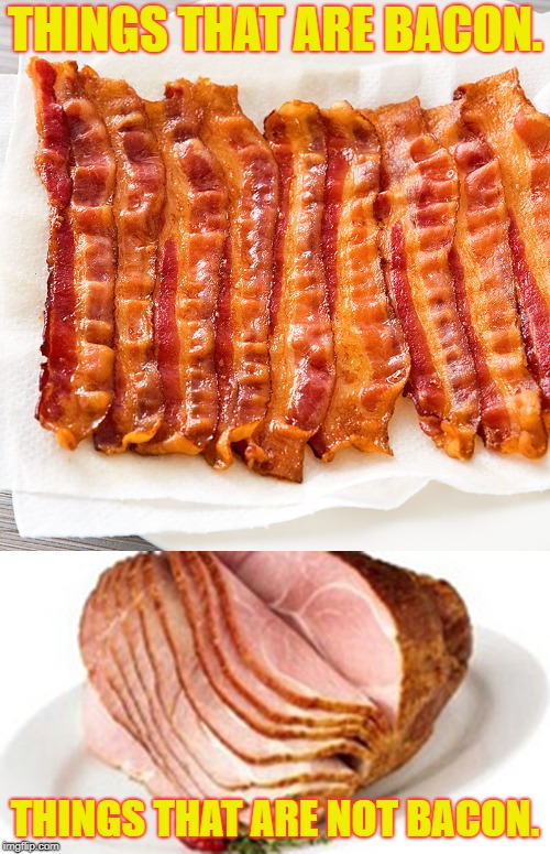 Canadian Bacon is not Bacon | THINGS THAT ARE BACON. THINGS THAT ARE NOT BACON. | image tagged in bacon,canadian bacon,ham | made w/ Imgflip meme maker