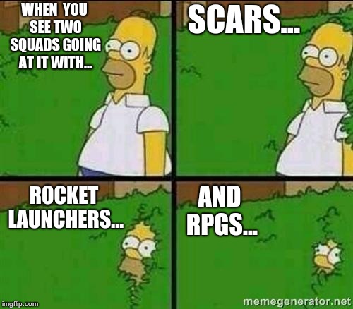 Homer Simpson Bush | WHEN  YOU SEE TWO SQUADS GOING AT IT WITH... SCARS... AND RPGS... ROCKET LAUNCHERS... | image tagged in homer simpson bush | made w/ Imgflip meme maker