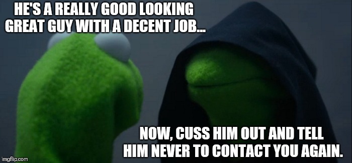 Evil Kermit | HE'S A REALLY GOOD LOOKING GREAT GUY WITH A DECENT JOB... NOW, CUSS HIM OUT AND TELL HIM NEVER TO CONTACT YOU AGAIN. | image tagged in memes,evil kermit | made w/ Imgflip meme maker