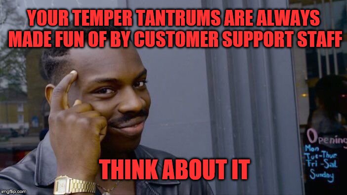 temper tantrum | YOUR TEMPER TANTRUMS ARE ALWAYS MADE FUN OF BY CUSTOMER SUPPORT STAFF; THINK ABOUT IT | image tagged in memes,roll safe think about it,customer service,temper tantrums | made w/ Imgflip meme maker