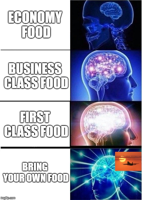 Expanding Brain Meme | ECONOMY FOOD; BUSINESS CLASS FOOD; FIRST CLASS FOOD; BRING YOUR OWN FOOD | image tagged in memes,expanding brain | made w/ Imgflip meme maker