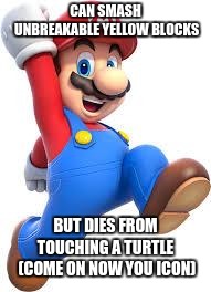 mario | CAN SMASH UNBREAKABLE YELLOW BLOCKS; BUT DIES FROM TOUCHING A TURTLE
 (COME ON NOW YOU ICON) | image tagged in mario | made w/ Imgflip meme maker
