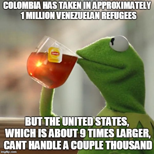 But That's None Of My Business Meme | COLOMBIA HAS TAKEN IN APPROXIMATELY 
1 MILLION VENEZUELAN REFUGEES; BUT THE UNITED STATES, WHICH IS ABOUT 9 TIMES LARGER, CANT HANDLE A COUPLE THOUSAND | image tagged in memes,but thats none of my business,kermit the frog,refugees,border | made w/ Imgflip meme maker
