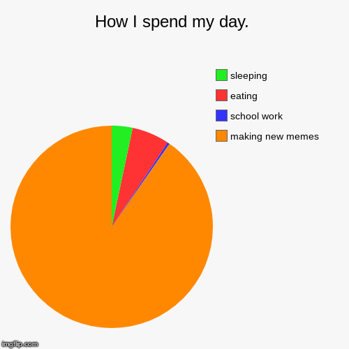 How I spend my day. | making new memes, school work, eating, sleeping | image tagged in funny,pie charts | made w/ Imgflip chart maker