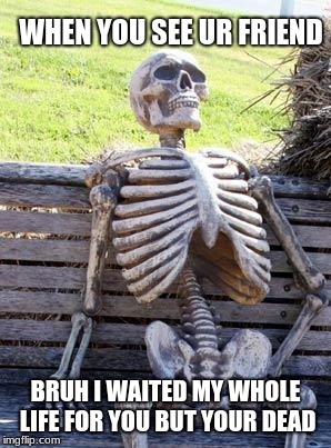 Waiting Skeleton | WHEN YOU SEE UR FRIEND; BRUH I WAITED MY WHOLE LIFE FOR YOU BUT YOUR DEAD | image tagged in memes,waiting skeleton | made w/ Imgflip meme maker