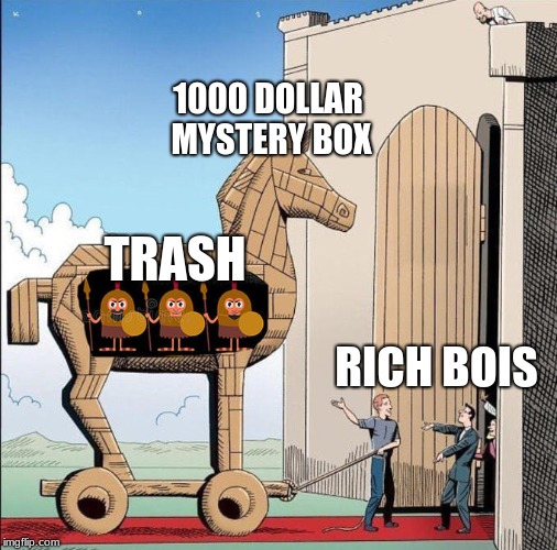 Trojan Horse | 1000 DOLLAR MYSTERY BOX; TRASH; RICH BOIS | image tagged in trojan horse | made w/ Imgflip meme maker