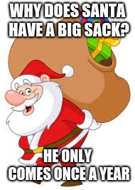 Memes | WHY DOES SANTA HAVE A BIG SACK? HE ONLY COMES ONCE A YEAR | image tagged in memes | made w/ Imgflip meme maker
