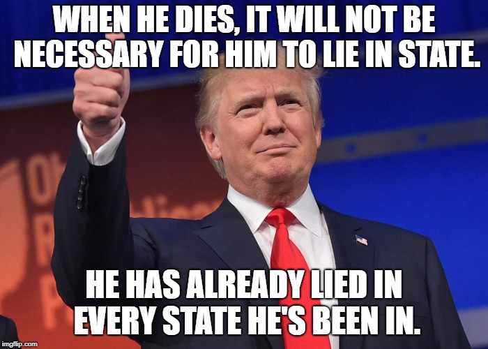 donald trump | WHEN HE DIES, IT WILL NOT BE NECESSARY FOR HIM TO LIE IN STATE. HE HAS ALREADY LIED IN EVERY STATE HE'S BEEN IN. | image tagged in donald trump | made w/ Imgflip meme maker