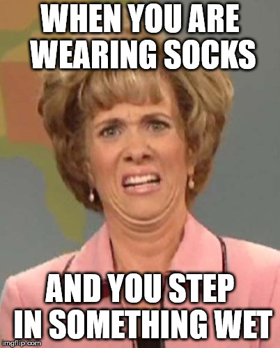 Disgusted Kristin Wiig |  WHEN YOU ARE WEARING SOCKS; AND YOU STEP IN SOMETHING WET | image tagged in disgusted kristin wiig | made w/ Imgflip meme maker