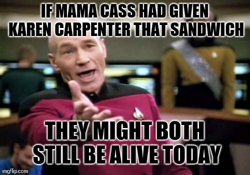 Picard Wtf | IF MAMA CASS HAD GIVEN KAREN CARPENTER THAT SANDWICH; THEY MIGHT BOTH STILL BE ALIVE TODAY | image tagged in memes,picard wtf | made w/ Imgflip meme maker