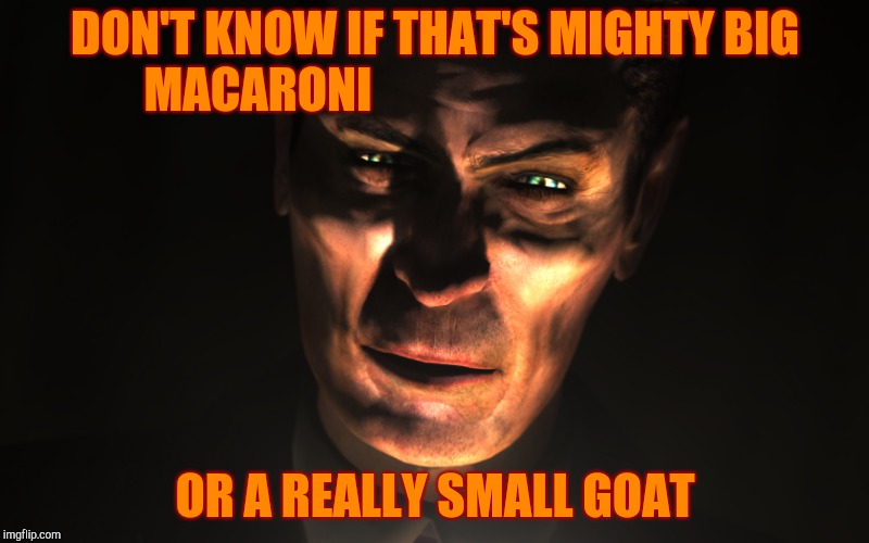 . | DON'T KNOW IF THAT'S MIGHTY BIG MACARONI OR A REALLY SMALL GOAT | image tagged in g-man from half-life | made w/ Imgflip meme maker