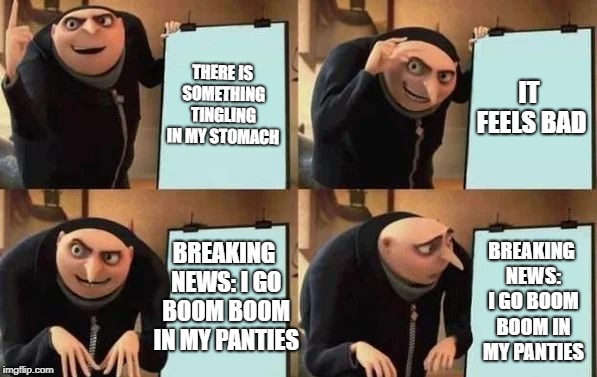 Gru's Plan Meme | THERE IS SOMETHING TINGLING IN MY STOMACH; IT FEELS BAD; BREAKING NEWS: I GO BOOM BOOM IN MY PANTIES; BREAKING NEWS: I GO BOOM BOOM IN MY PANTIES | image tagged in gru's plan | made w/ Imgflip meme maker