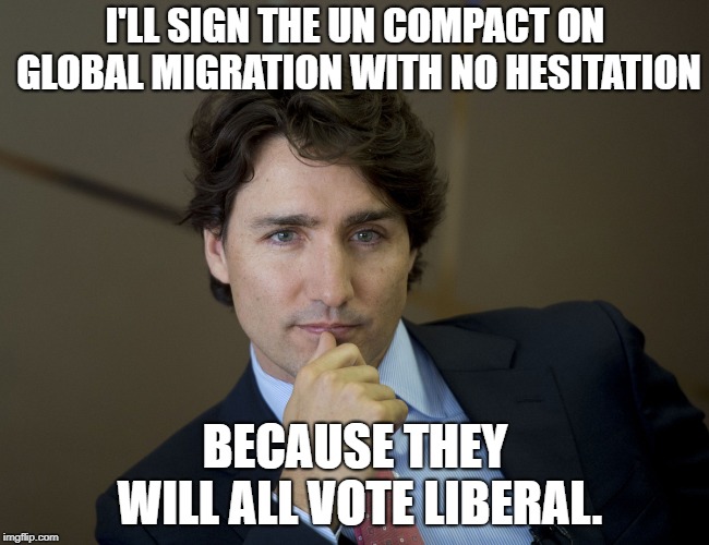 Everybody knows | I'LL SIGN THE UN COMPACT ON GLOBAL MIGRATION WITH NO HESITATION; BECAUSE THEY WILL ALL VOTE LIBERAL. | image tagged in justin trudeau,trudeau,migrants,united nations,stupid liberals,meanwhile in canada | made w/ Imgflip meme maker