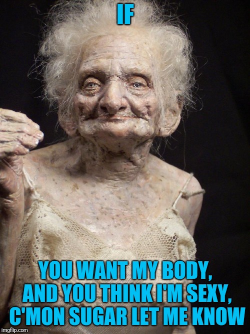 Old Woman | IF YOU WANT MY BODY, AND YOU THINK I'M SEXY, C'MON SUGAR LET ME KNOW | image tagged in old woman | made w/ Imgflip meme maker