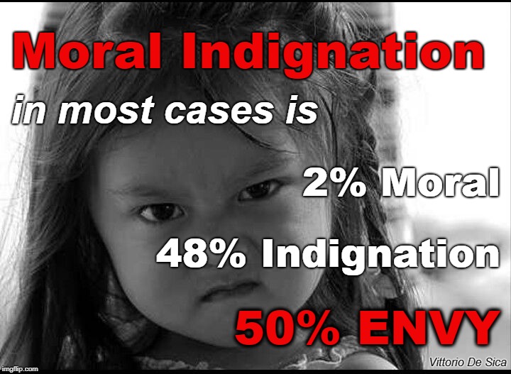 Moral Indignation or ENVY? | Moral Indignation; in most cases is; 2% Moral; 48% Indignation; 50% ENVY; Vittorio De Sica | image tagged in moral indignation,envy | made w/ Imgflip meme maker