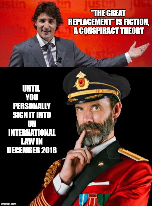 A Globalist's dream | "THE GREAT REPLACEMENT" IS FICTION, A CONSPIRACY THEORY; UNTIL YOU PERSONALLY SIGN IT INTO UN INTERNATIONAL LAW IN DECEMBER 2018 | image tagged in stupid liberals,meanwhile in canada,government corruption,migrants,trudeau,justin trudeau | made w/ Imgflip meme maker