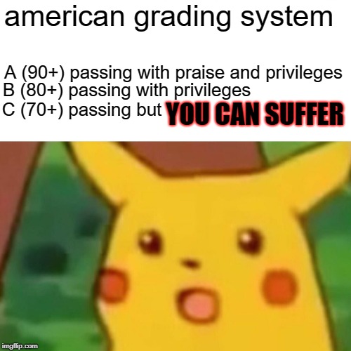 Surprised Pikachu But If You Get A 79 Or Lower, The School System Hates You | american grading system; A (90+) passing with praise and privileges; B (80+) passing with privileges; YOU CAN SUFFER; C (70+) passing but | image tagged in memes,surprised pikachu,american grading system,america,high school,grades | made w/ Imgflip meme maker