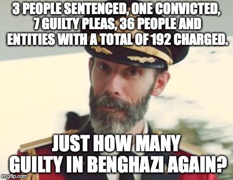 Captain Obvious | 3 PEOPLE SENTENCED, ONE CONVICTED, 7 GUILTY PLEAS, 36 PEOPLE AND ENTITIES WITH A TOTAL OF 192 CHARGED. JUST HOW MANY GUILTY IN BENGHAZI AGAIN? | image tagged in captain obvious | made w/ Imgflip meme maker