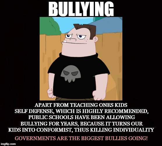 Bullies are Authoritarian | BULLYING; APART FROM TEACHING ONES KIDS SELF DEFENSE, WHICH IS HIGHLY RECOMMENDED, PUBLIC SCHOOLS HAVE BEEN ALLOWING BULLYING FOR YEARS, BECAUSE IT TURNS OUR KIDS INTO CONFORMIST, THUS KILLING INDIVIDUALITY; GOVERNMENTS ARE THE BIGGEST BULLIES GOING! | image tagged in bullying,public school,conformist,individuality,self defense,government | made w/ Imgflip meme maker