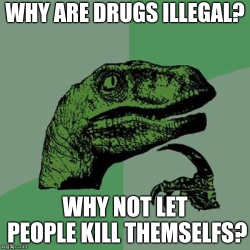 Philosoraptor | WHY ARE DRUGS ILLEGAL? WHY NOT LET PEOPLE KILL THEMSELFS? | image tagged in memes,philosoraptor | made w/ Imgflip meme maker