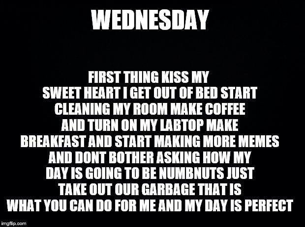 wednesday | FIRST THING KISS MY SWEET HEART I GET OUT OF BED START CLEANING MY ROOM MAKE COFFEE AND TURN ON MY LABTOP MAKE BREAKFAST AND START MAKING MORE MEMES AND DONT BOTHER ASKING HOW MY DAY IS GOING TO BE NUMBNUTS JUST TAKE OUT OUR GARBAGE THAT IS WHAT YOU CAN DO FOR ME AND MY DAY IS PERFECT; WEDNESDAY | image tagged in black background,wednesday,funny,funny memes,funny meme,funny sign | made w/ Imgflip meme maker