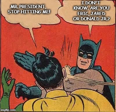 Does it make a difference? | I DON'T KNOW. ARE YOU ERIC, JARED OR DONALD JR.? MR. PRESIDENT, STOP HITTING ME! | image tagged in memes,batman slapping robin,trump,donald jr,eric,jared | made w/ Imgflip meme maker