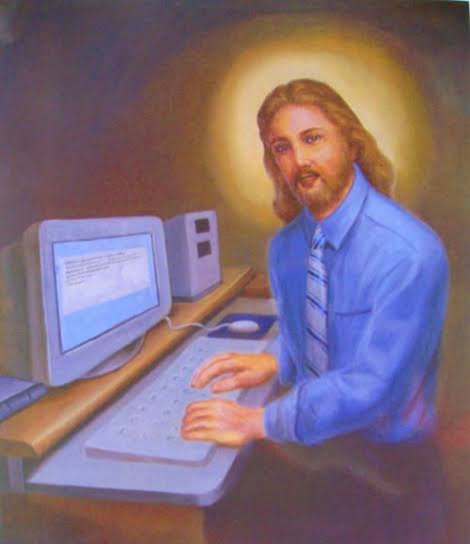 Jesus on computer Blank Meme Template