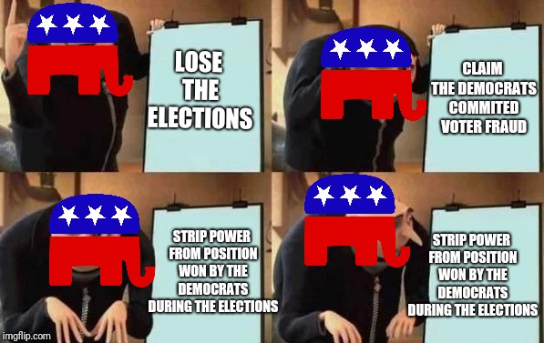 Can't belive I haven't seen a meme about it yet. | LOSE THE ELECTIONS; CLAIM THE DEMOCRATS COMMITED VOTER FRAUD; STRIP POWER FROM POSITION WON BY THE DEMOCRATS DURING THE ELECTIONS; STRIP POWER FROM POSITION WON BY THE DEMOCRATS DURING THE ELECTIONS | image tagged in gru's plan | made w/ Imgflip meme maker