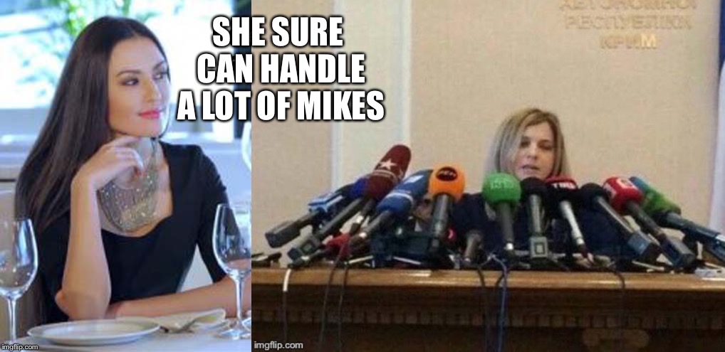 That's a lot of equipment. | SHE SURE CAN HANDLE A LOT OF MIKES | image tagged in press conference,microphone,memes,funny | made w/ Imgflip meme maker