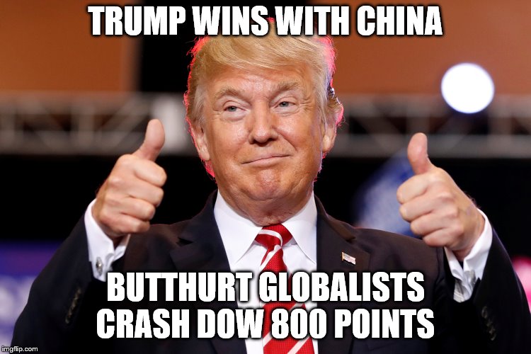 Trump Wins | TRUMP WINS WITH CHINA; BUTTHURT GLOBALISTS CRASH DOW 800 POINTS | image tagged in donald trump | made w/ Imgflip meme maker
