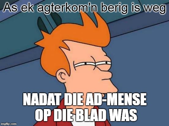 Futurama Fry | As ek agterkom'n berig is weg; NADAT DIE AD-MENSE OP DIE BLAD WAS | image tagged in memes,futurama fry | made w/ Imgflip meme maker