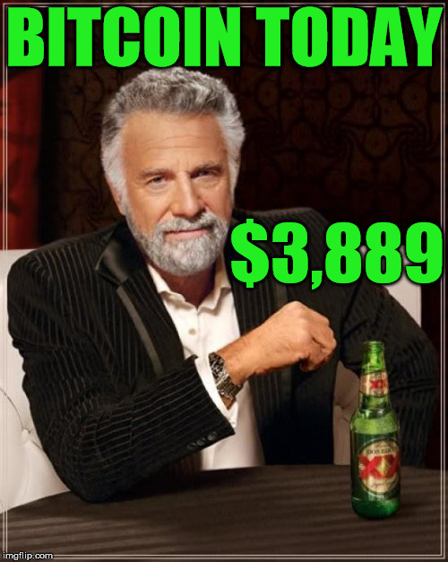 The Most Interesting Man In The World Meme | BITCOIN TODAY; $3,889 | image tagged in memes,the most interesting man in the world | made w/ Imgflip meme maker