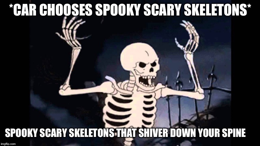 Spooky Skeleton | *CAR CHOOSES SPOOKY SCARY SKELETONS* SPOOKY SCARY SKELETONS THAT SHIVER DOWN YOUR SPINE | image tagged in spooky skeleton | made w/ Imgflip meme maker