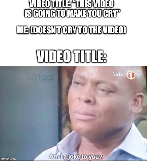 am I a joke to you | VIDEO TITLE: “THIS VIDEO IS GOING TO MAKE YOU CRY”; ME: (DOESN’T CRY TO THE VIDEO); VIDEO TITLE: | image tagged in am i a joke to you | made w/ Imgflip meme maker