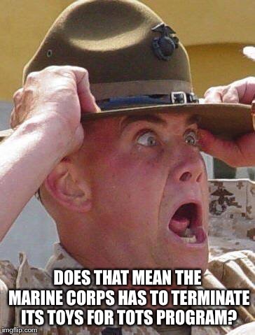 Marine Drill Sergeant  | DOES THAT MEAN THE MARINE CORPS HAS TO TERMINATE ITS TOYS FOR TOTS PROGRAM? | image tagged in marine drill sergeant | made w/ Imgflip meme maker