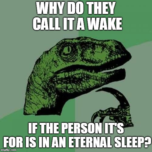 I pondered this at my Dad's wake.... | WHY DO THEY CALL IT A WAKE; IF THE PERSON IT'S FOR IS IN AN ETERNAL SLEEP? | image tagged in memes,philosoraptor | made w/ Imgflip meme maker