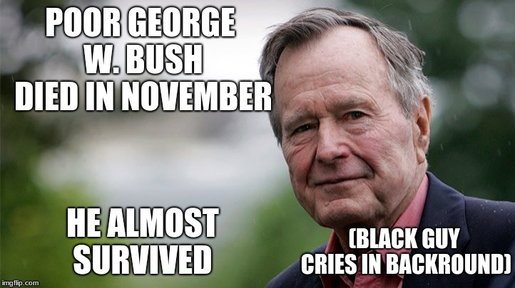 meme #1059 | POOR GEORGE W. BUSH DIED IN NOVEMBER; HE ALMOST SURVIVED; (BLACK GUY CRIES IN BACKROUND) | image tagged in bad,fortnite,meme,pyrocynical,pewdiepie,no nut november | made w/ Imgflip meme maker