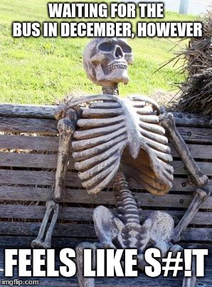 Waiting Skeleton Meme | WAITING FOR THE BUS IN DECEMBER, HOWEVER; FEELS LIKE S#!T | image tagged in memes,waiting skeleton | made w/ Imgflip meme maker