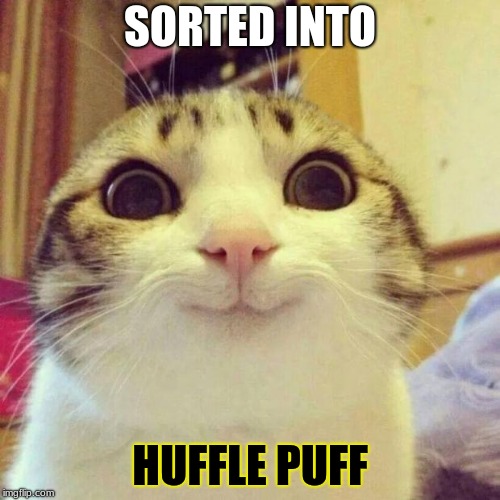 Smiling Cat Meme | SORTED INTO; HUFFLE PUFF | image tagged in memes,smiling cat | made w/ Imgflip meme maker