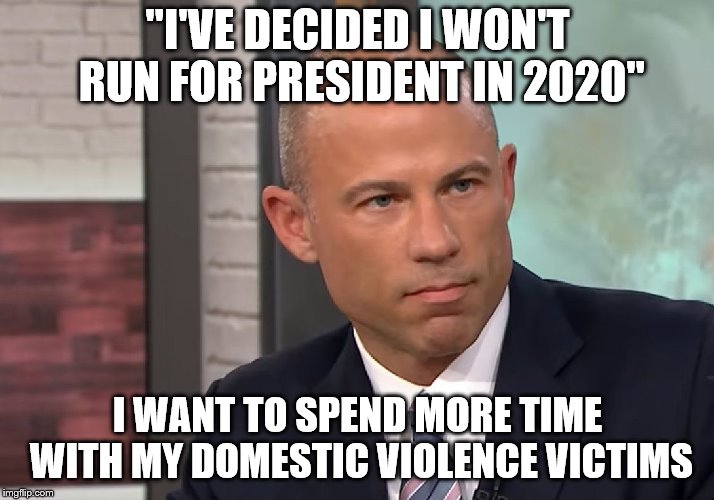 Michael Avenatti Stormy Daniels | "I'VE DECIDED I WON'T RUN FOR PRESIDENT IN 2020"; I WANT TO SPEND MORE TIME WITH MY DOMESTIC VIOLENCE VICTIMS | image tagged in michael avenatti stormy daniels | made w/ Imgflip meme maker