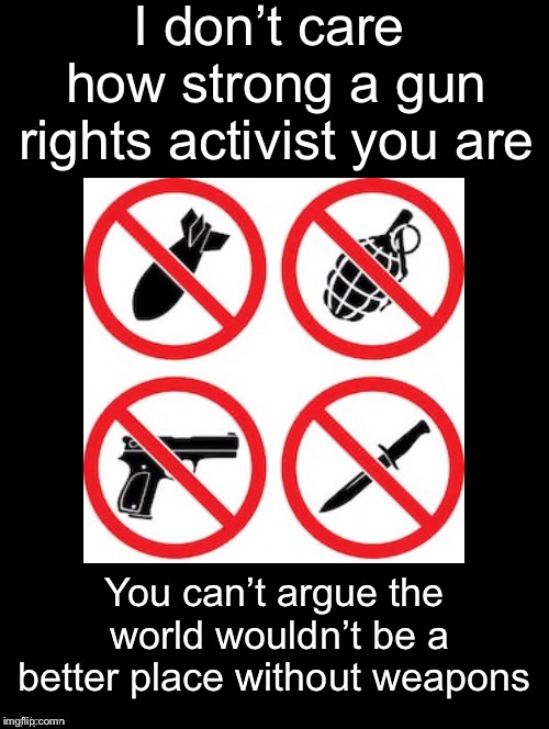 Oh You Can Try, But It Would Be A Poor Argument At Best | I don’t care how strong a gun rights activist you are; You can’t argue the world wouldn’t be a better place without weapons | image tagged in gun rights,activist,weapons,world,better place,argue | made w/ Imgflip meme maker