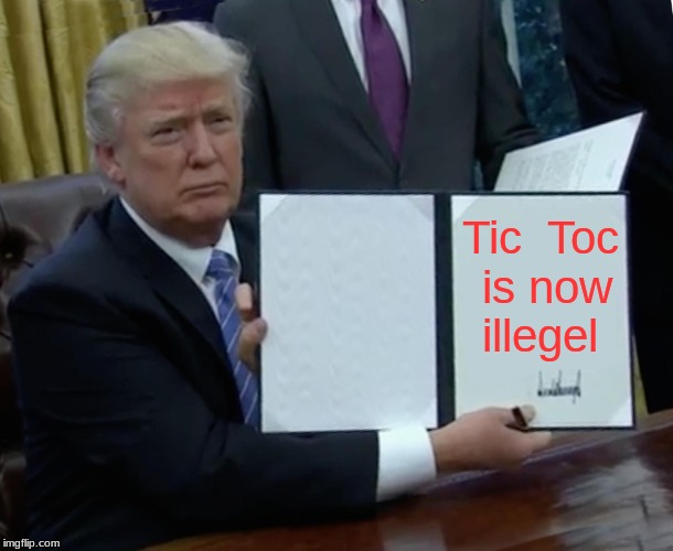 Trump Bill Signing Meme | Tic 
Toc is now illegel | image tagged in memes,trump bill signing | made w/ Imgflip meme maker