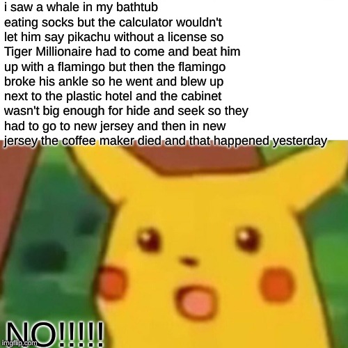 Surprised Pikachu Meme | i saw a whale in my bathtub eating socks but the calculator wouldn't let him say pikachu without a license so Tiger Millionaire had to come and beat him up with a flamingo but then the flamingo broke his ankle so he went and blew up next to the plastic hotel and the cabinet wasn't big enough for hide and seek so they had to go to new jersey and then in new jersey the coffee maker died and that happened yesterday; NO!!!!! | image tagged in memes,surprised pikachu | made w/ Imgflip meme maker