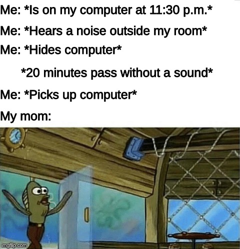 Life Struggles | Me: *Is on my computer at 11:30 p.m.*; Me: *Hears a noise outside my room*; Me: *Hides computer*; *20 minutes pass without a sound*; Me: *Picks up computer*; My mom: | image tagged in rev up those fryers | made w/ Imgflip meme maker