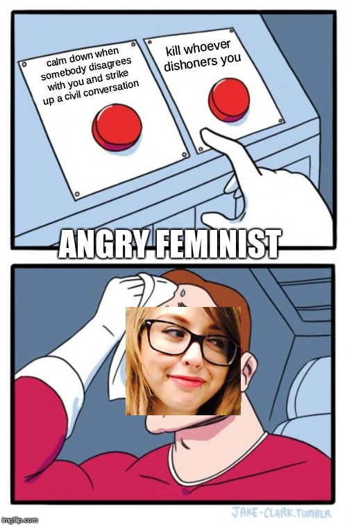 angry feminist | kill whoever dishoners you; calm down when somebody disagrees with you and strike up a civil conversation; ANGRY FEMINIST | image tagged in memes,two buttons | made w/ Imgflip meme maker